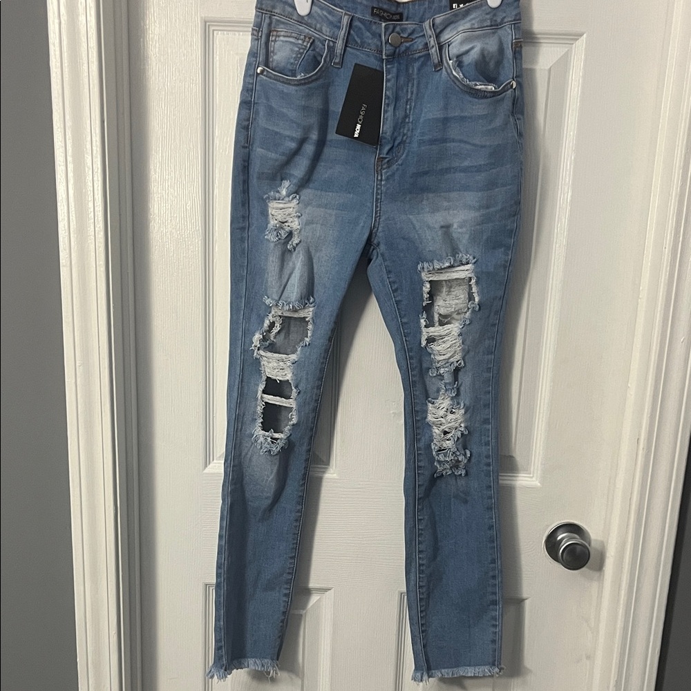 Fashion Nova Light Blue Distressed Skinny Jeans